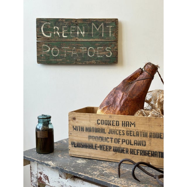 Vintage Green Mt Potatoes Hand Painted Two-Board Sign, Circa 1930s. Crackly green painted surface with white hand drawn...