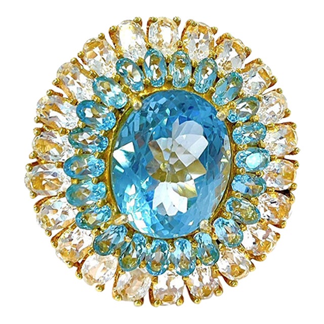 Bochic “Flamenco” Blue Topaz & White Topaz Gems 18k Gold & Silver Cocktail Ring Size 6.5 For Sale