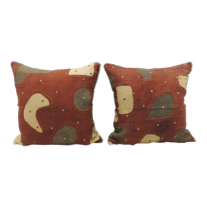 Applique African Raffia, Patchwork and Applique Brown Decorative Pillows - Set of 2