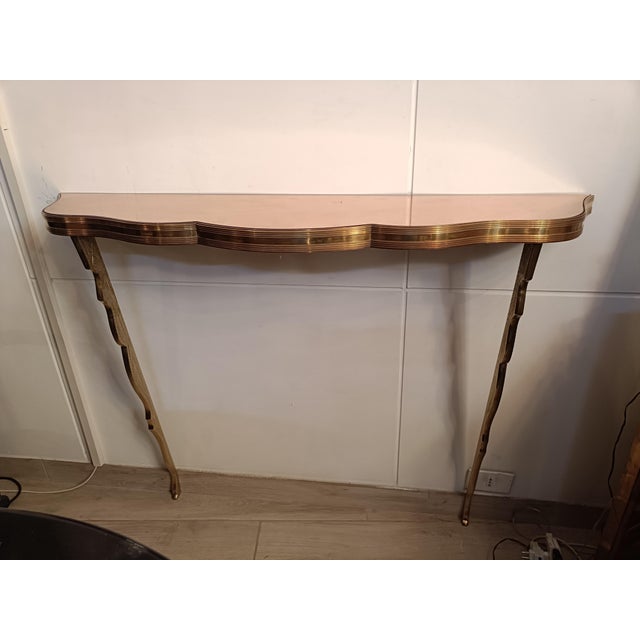 Brass Wall-Mounted Console Table with Pink Glass Top, Italy, 1940s For Sale - Image 11 of 12