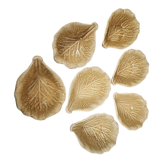 Vintage Secla Portugal Pottery Gold Majolica Cabbage Soup Cereal Bowls-Set of 7 For Sale