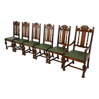 Berkey & Gay Antique English Jacobean Carved Walnut Dining Chairs, Set of Six For Sale