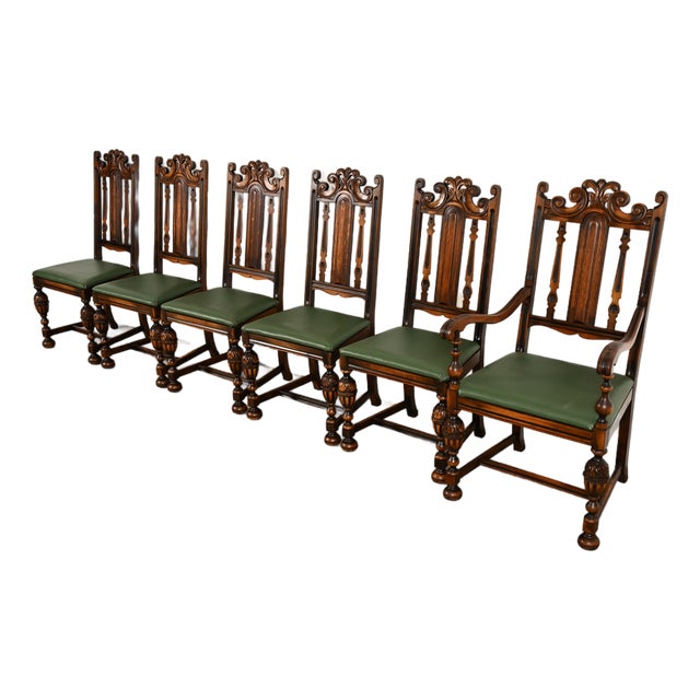 Berkey & Gay Antique English Jacobean Carved Walnut Dining Chairs, Set of Six For Sale