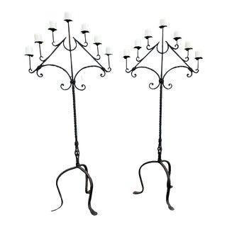 Antique Pair of Italian Iron Candelabra or Torchieres For Sale