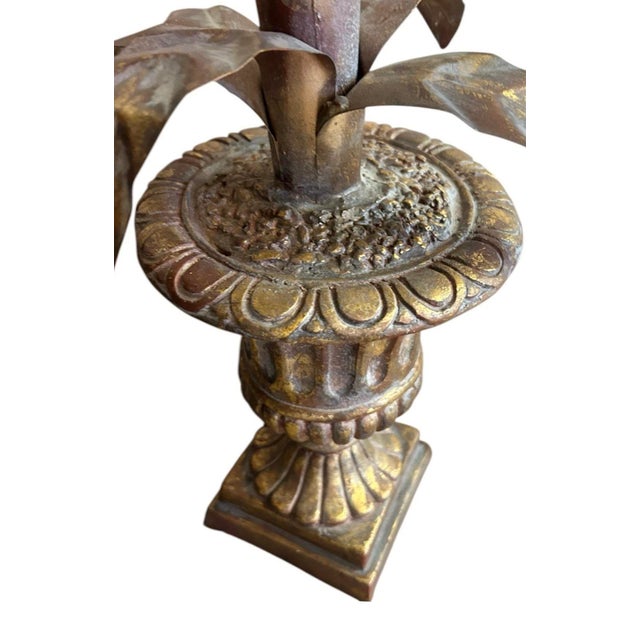 Vintage Italian Large Gilt Tole Potted Palm Tree / Plant / Sculpture in Neoclassical Urn For Sale - Image 4 of 5
