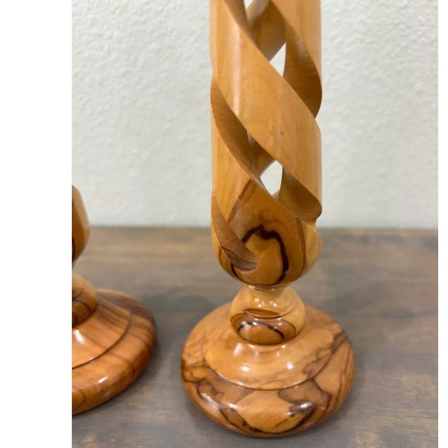 Mid-Century Modern Vintage Hand Carved Olive Wood Swirl Spiral Candle Holders- Set of 2 For Sale - Image 3 of 5