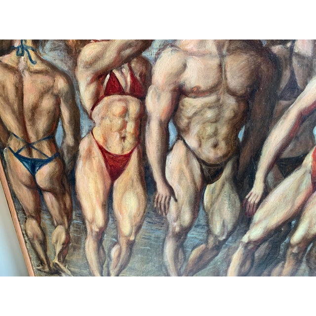 Mid-Century Pop Art Oil Painting Bodybuilders on Beach For Sale - Image 6 of 11