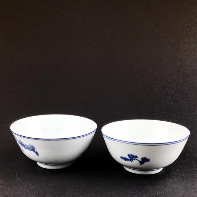 Mid-Century Modern Vintage Chinese Hand Painted Underglaze Rice Bowls For Sale - Image 3 of 9