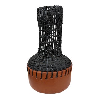 Handwoven Raffia and Clay Vase – Brazilian Artisan Craft For Sale