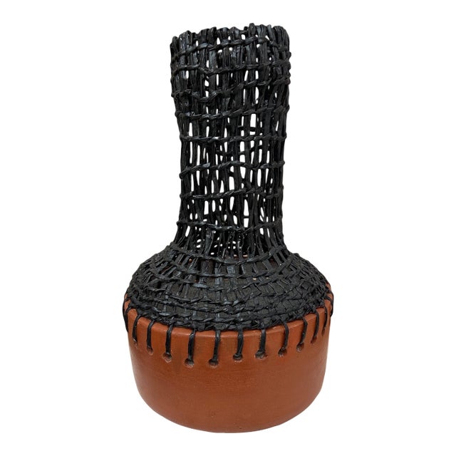 Handwoven Raffia and Clay Vase – Brazilian Artisan Craft For Sale