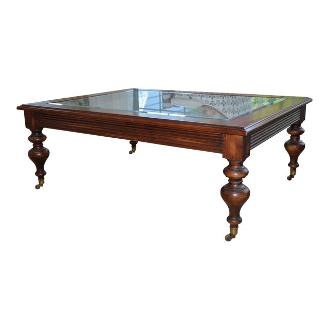 Ethan Allen Caned Coffee Table With Glass Top & Brass Casters Chairish