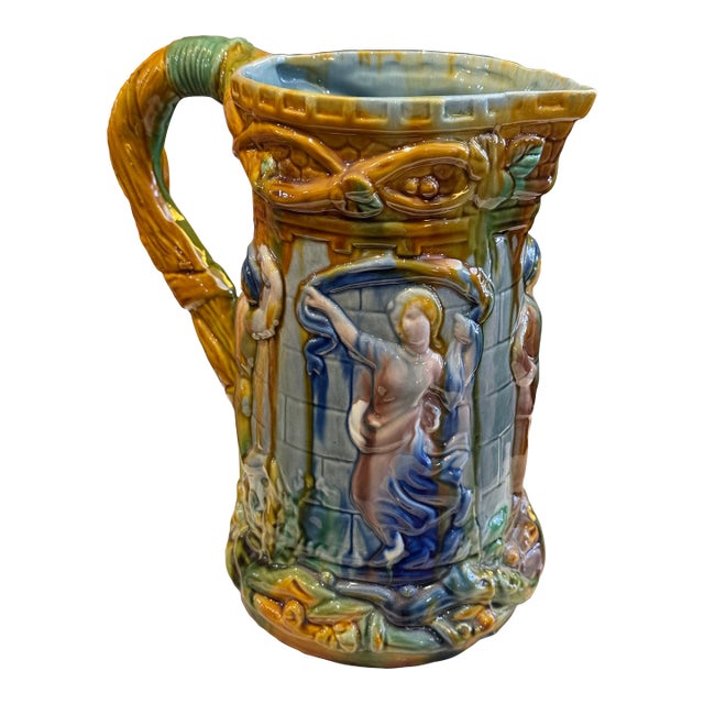 Antique Minton-Style Majolica Pottery Pitcher For Sale