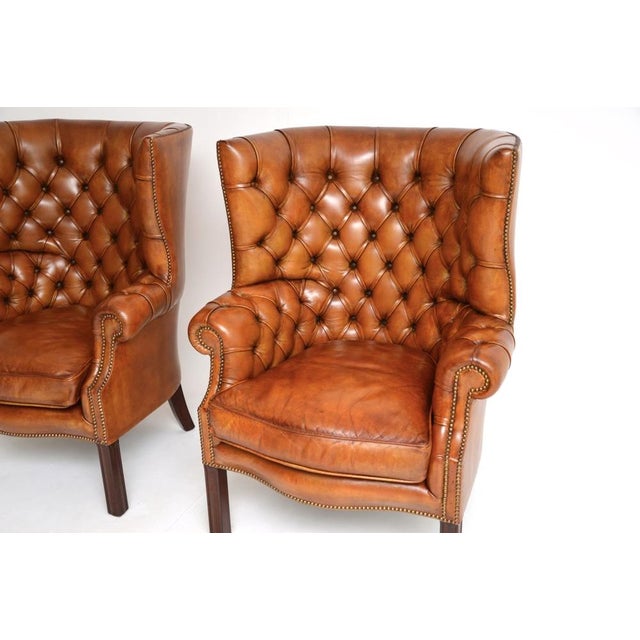 Wood Antique Leather Barrel Back Wing Armchairs, 1920s, Set of 2 For Sale - Image 7 of 8