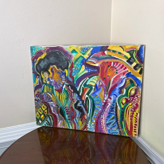 1970s Vintage Bold Colorful Expressionist Abstract Figurative Painting on Canvas For Sale - Image 4 of 10