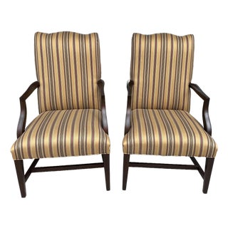 Pair of Ethan Allen High Back Arm Chairs With Striped Upholstery For Sale