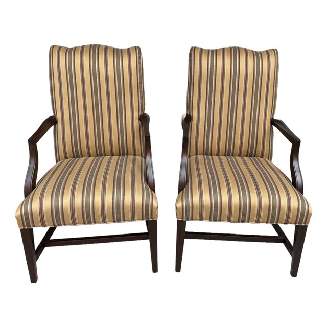 Pair of Ethan Allen High Back Arm Chairs With Striped Upholstery For Sale