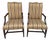 Pair of Ethan Allen High Back Arm Chairs With Striped Upholstery For Sale