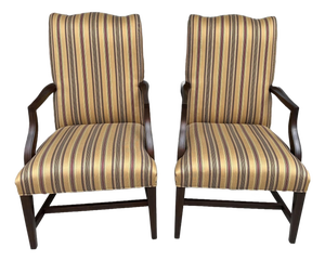 Pair of Ethan Allen High Back Arm Chairs With Striped Upholstery