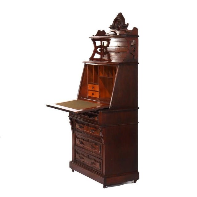 Antique Renaissance Revival Walnut & Burl Four-Drawer Drop Front Secretary C1880 For Sale - Image 10 of 13