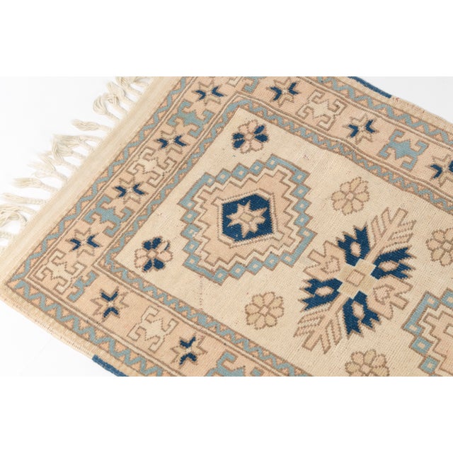 Cream Blue and Cream Turkish Vintage Rug For Sale - Image 8 of 10