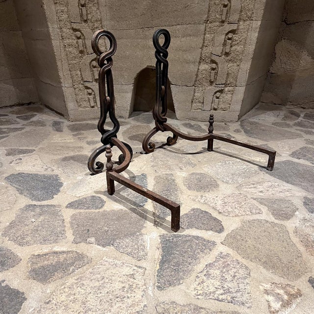 Mid-Century Modern 1950s Sculptural Hand Forged Iron Andirons For Sale - Image 3 of 10
