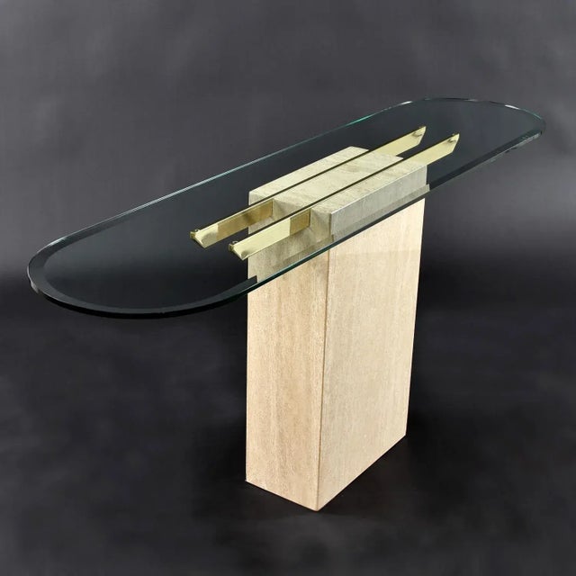 Art Deco Maitland-Smith Style Brass and Glass Travertine Stone Pedestal Console Table For Sale - Image 3 of 11