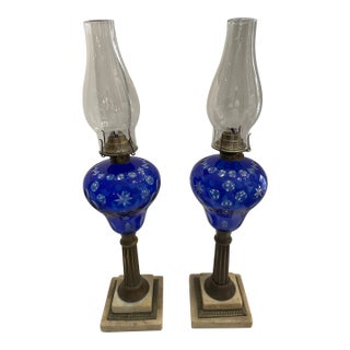 Late 19th Century Cut to Clear Cobalt Blue Oil Lamps W/Brass & Marble Bases - a Pair For Sale