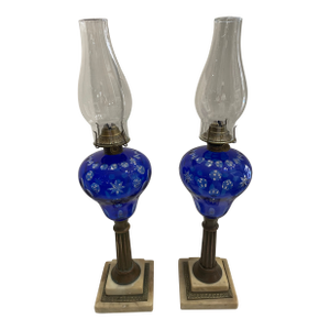 Late 19th Century Cut to Clear Cobalt Blue Oil Lamps W/Brass & Marble Bases - a Pair