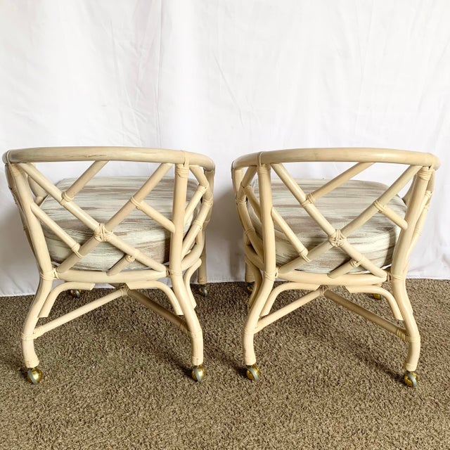 Vintage Coastal Chippendale Style Rattan Dining Arm Chairs on Caster by Ficks Reed - Set of 6 For Sale - Image 4 of 10