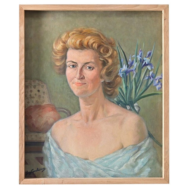 Cream French Vintage Portrait Painting of a Lady with Iris Signed Guy Combrisson For Sale - Image 8 of 8