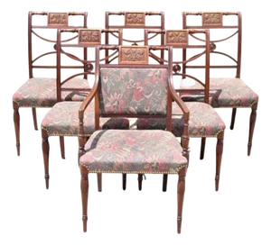 Early 20th Century Vintage English Sheraton Style Mahogany Prince of Wales Dining Chairs - Set of 6
