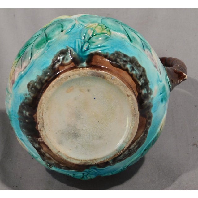 Ceramic Antique Majolica Water Pitcher Samuel Lear Pond Lily Rope C 1875 Hand Painted Hanley England English Polychrome Twig Form Raised Decorations For Sale - Image 7 of 9