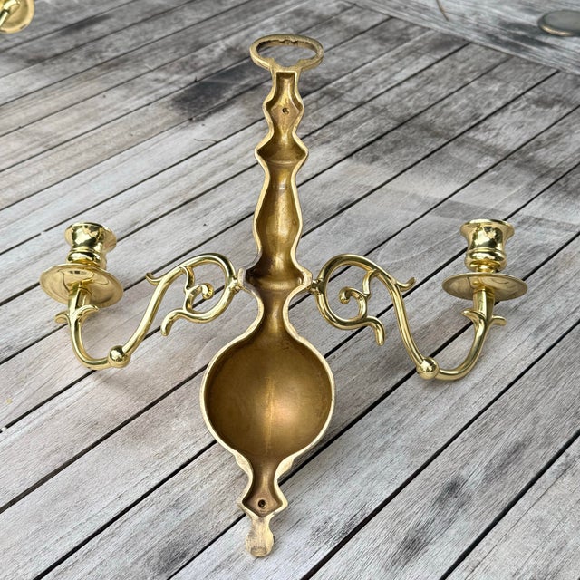 Brass Brass Double Arm Wall Candle Sconces in Williamsburg Style - A Pair For Sale - Image 8 of 10