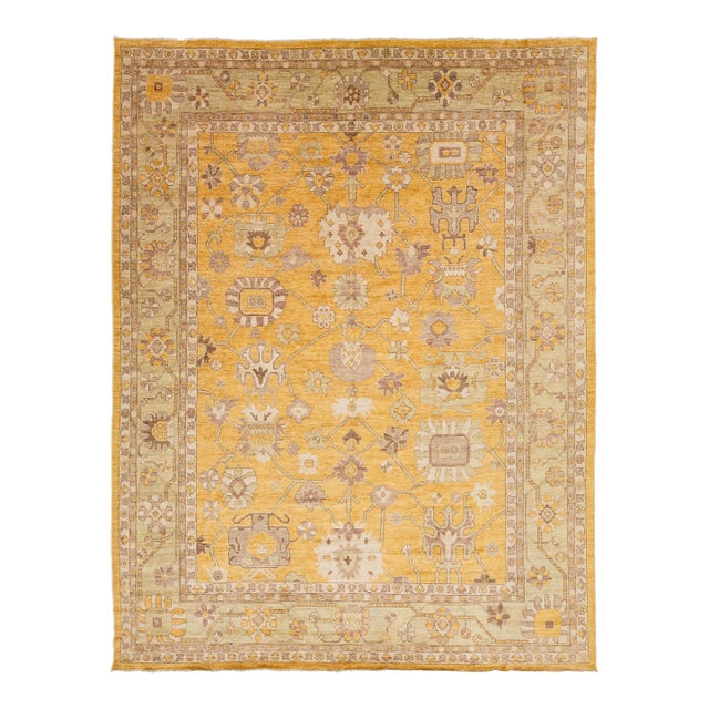 12x15 Modern Oushak Style Hand-Knotted Wool Area Rug – Golden Saffron & Sage For Sale