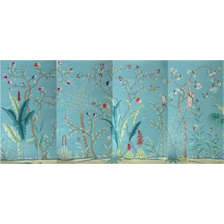 Hand Painted Teal Tropical Chinoiserie Jungle Monkey Floral Mural 4-Panel Set For Sale