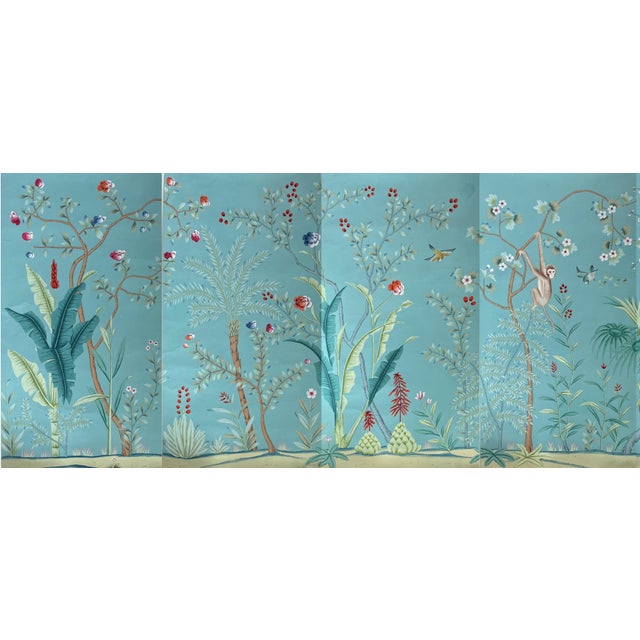 Hand Painted Teal Tropical Chinoiserie Jungle Monkey Floral Mural 4-Panel Set For Sale