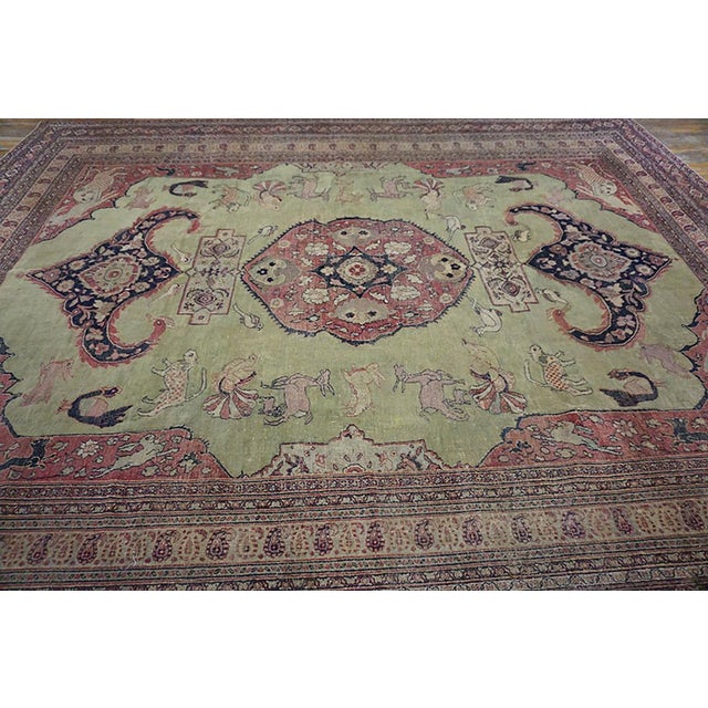 Persian 1880s Green Pistacho Animal Scene Antique n.e. Persian Khorassan Moud Rug 9'9" X 12'2" Handknotted Wool Carpet For Sale - Image 3 of 9