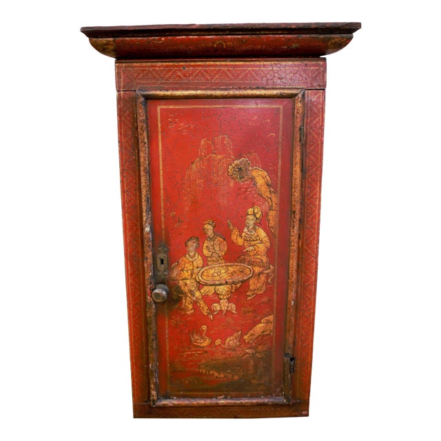 Vintage Asian Hand Painted Red Storage Cabinet For Sale