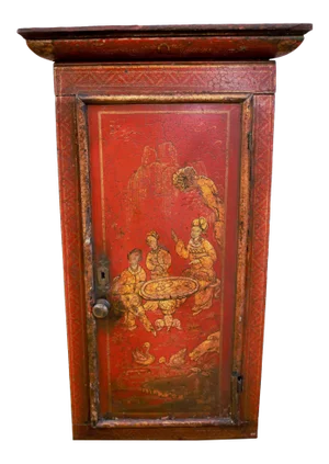 Vintage Asian Hand Painted Red Storage Cabinet