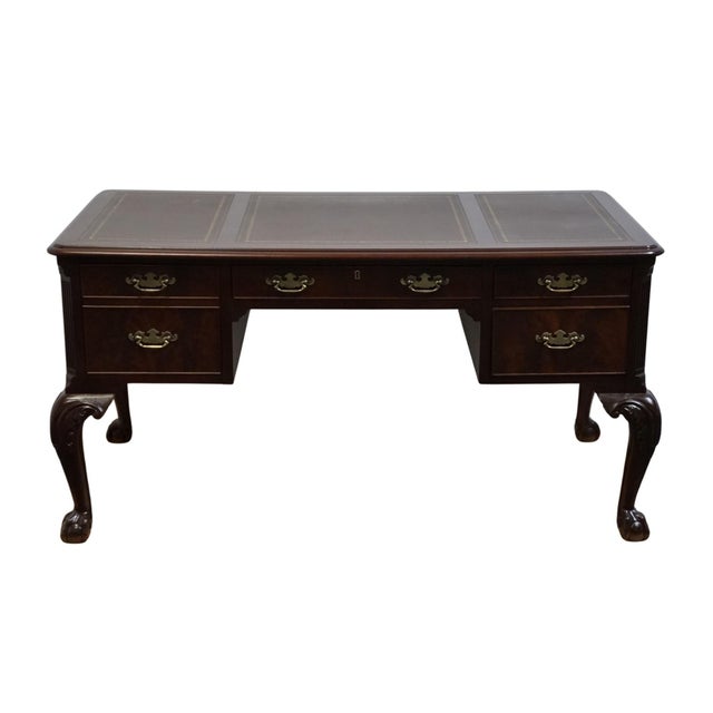 Chippendale Hekman Furniture Solid Mahogany Traditional Chippendale Style 58" Writing Desk W. Tooled Leather Top For Sale - Image 3 of 12