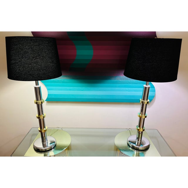 1980s 1970s Pair of Chrome and Brass Table Lamps With Black Shades For Sale - Image 5 of 5