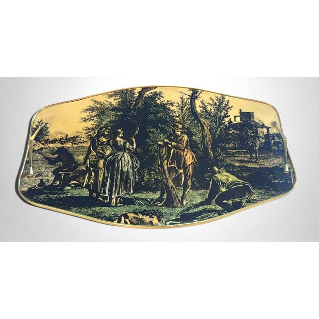 Traditional Italian Decorative Tray With Brass Handles and Pastoral Scene For Sale - Image 3 of 18