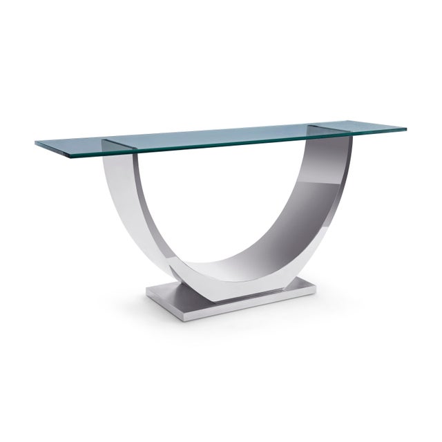Modern polished Stainless Steel Console Table Designed by Greg Sheres: "Marseilles". The "Marseilles" console table is a...