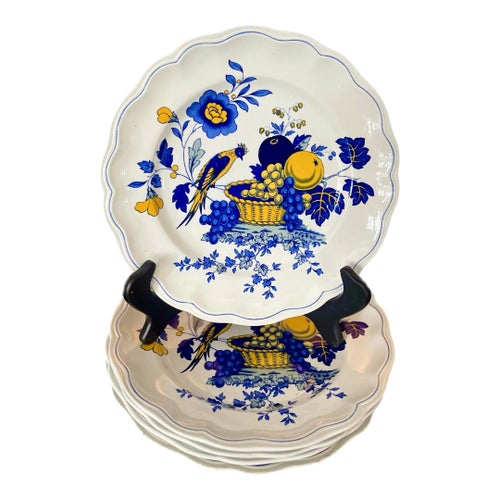 English Spode Blue Bird Scalloped Dinner Plates, Set of