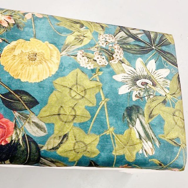 Wood Passiflora Fabric Carved Wood Bench For Sale - Image 7 of 8