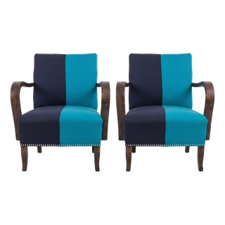 Vintage Hungarian Rumba Lounge Chairs in Two-Tone Navy Blue and Turquoise Fabric with Wooden Frames, Set of 2 For Sale