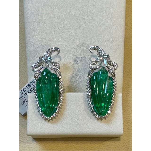 22 Ct Carved Emerald & 2 Ct Diamond Earrings 18 Karat White Gold Post Earrings For Sale - Image 4 of 8