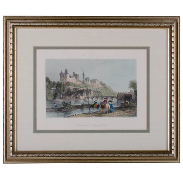 1841 Chateau and Bridge of Pau Steel Engraving For Sale