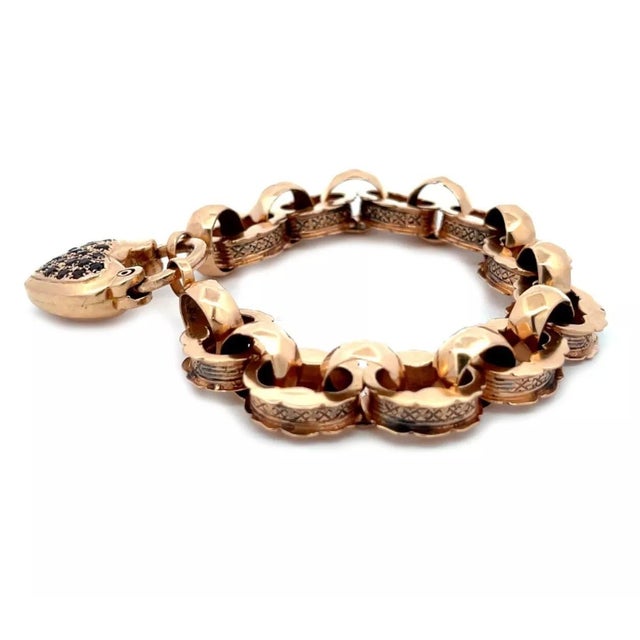 Vintage 14k Rose Gold Garnets Heart Clasp Charm Oval Link Bracelet For Sale - Image 4 of 5