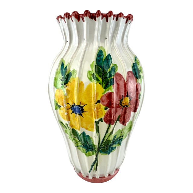 1970s Italian Hand-Painted Ceramic Floral Vase With Scalloped Rim, Mid-Century Majolica Style For Sale